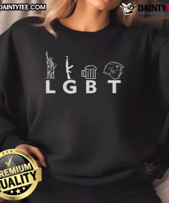 Hot LGBT Lady Liberty sweatshirt featuring guns, beer, and Trump design, perfect for patriotic pride and bold statements.