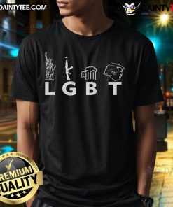 Hot LGBT Lady Liberty graphic on a T-shirt with guns, beer, and Trump design, showcasing bold American pride.