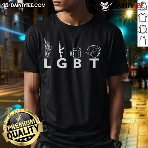 Hot LGBT Lady Liberty graphic on a T-shirt with guns, beer, and Trump design, showcasing bold American pride.