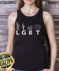 Hot LGBT lady in a tank top featuring Donald Trump, guns, and beer, celebrating freedom and pride in a vibrant setting.