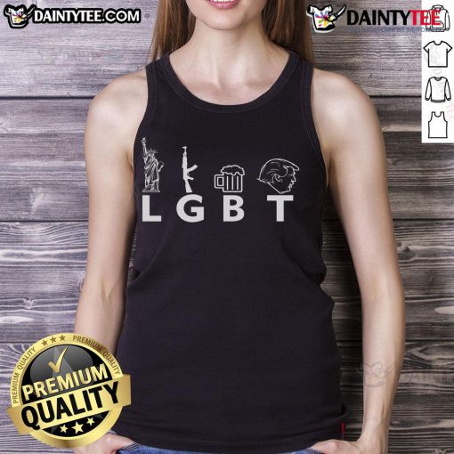 Hot LGBT lady in a tank top featuring Donald Trump, guns, and beer, celebrating freedom and pride in a vibrant setting.