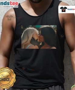 Sabrina Carpenter and Jenna Ortega in a playful moment wearing Kiss and Murder tank tops, showcasing their stylish friendship.