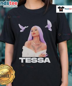 Alt Text: Hot Tessa Galaxy Organic Doves Ladies Tee featuring a vibrant galaxy print on a comfortable, eco-friendly fabric.