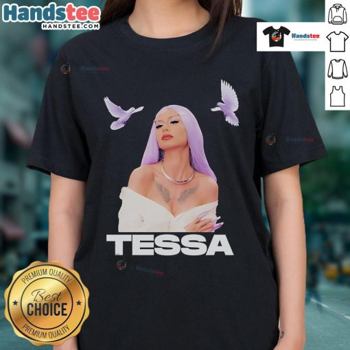 Alt Text: Hot Tessa Galaxy Organic Doves Ladies Tee featuring a vibrant galaxy print on a comfortable, eco-friendly fabric.