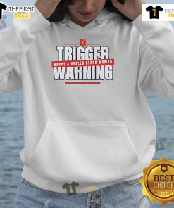 Alt Text: Happy Black woman wearing a Hot Trigger Warning hoodie, radiating positivity and healing.
