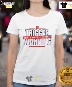 Happy and healed Black woman wearing a 'Hot Trigger Warning' ladies tee, showcasing empowerment and positive vibes.