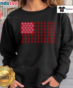 Alt Text: Philadelphia Phillies logo sweatshirt featuring American flag design for fans and sports enthusiasts.
