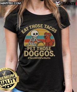 Skeleton dog graphic on 'Nice Eat Those Tacos' tee for dog lovers, featuring vibrant colors and playful design.