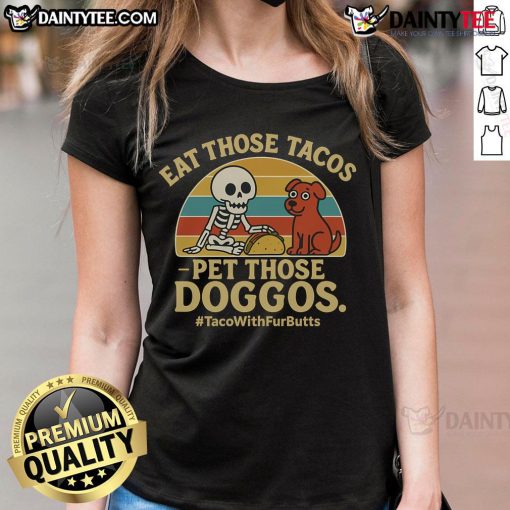 Skeleton dog graphic on 'Nice Eat Those Tacos' tee for dog lovers, featuring vibrant colors and playful design.