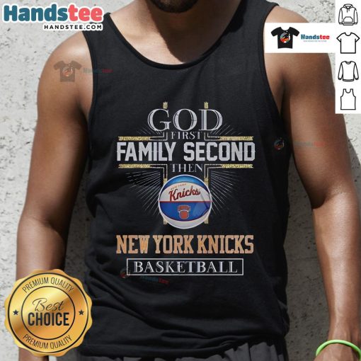 New York Knicks basketball fan wearing a 'God First Family Second' tank top, showcasing team spirit and style.