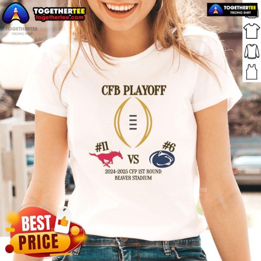 2024-2025 CFP 1st Round: SMU vs Penn State Ladies Tee at Beaver Stadium, showcasing game day spirit and team pride.
