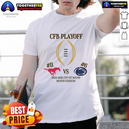Nice SMU vs Penn State 2024 CFP 1st Round Beaver Stadium T-Shirt featuring team logos and game details.
