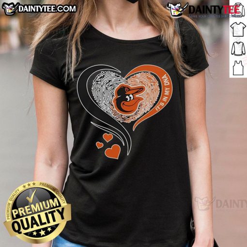 Stylish Baltimore Orioles ladies tee with 'It's In My DNA' heart design, perfect for passionate Orioles fans.