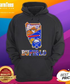 Alt Text: Nice Bandits Buffalo Sports Team crossover logo graphic on orange and blue state outline hoodie design.