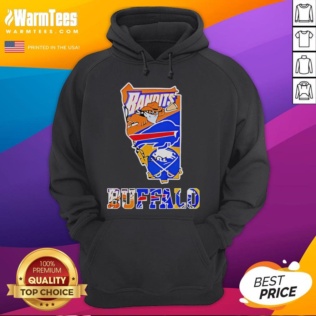 Nice Bandits Buffalo Sports Team Crossover Logo Graphic Orange Blue State Outline Hoodie Alt Text: Nice Bandits Buffalo Sports Team crossover logo graphic on orange and blue state outline hoodie design.