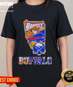 Alt Text: Nice Bandits Buffalo Sports Team crossover logo graphic in orange and blue state outline on ladies tee.
