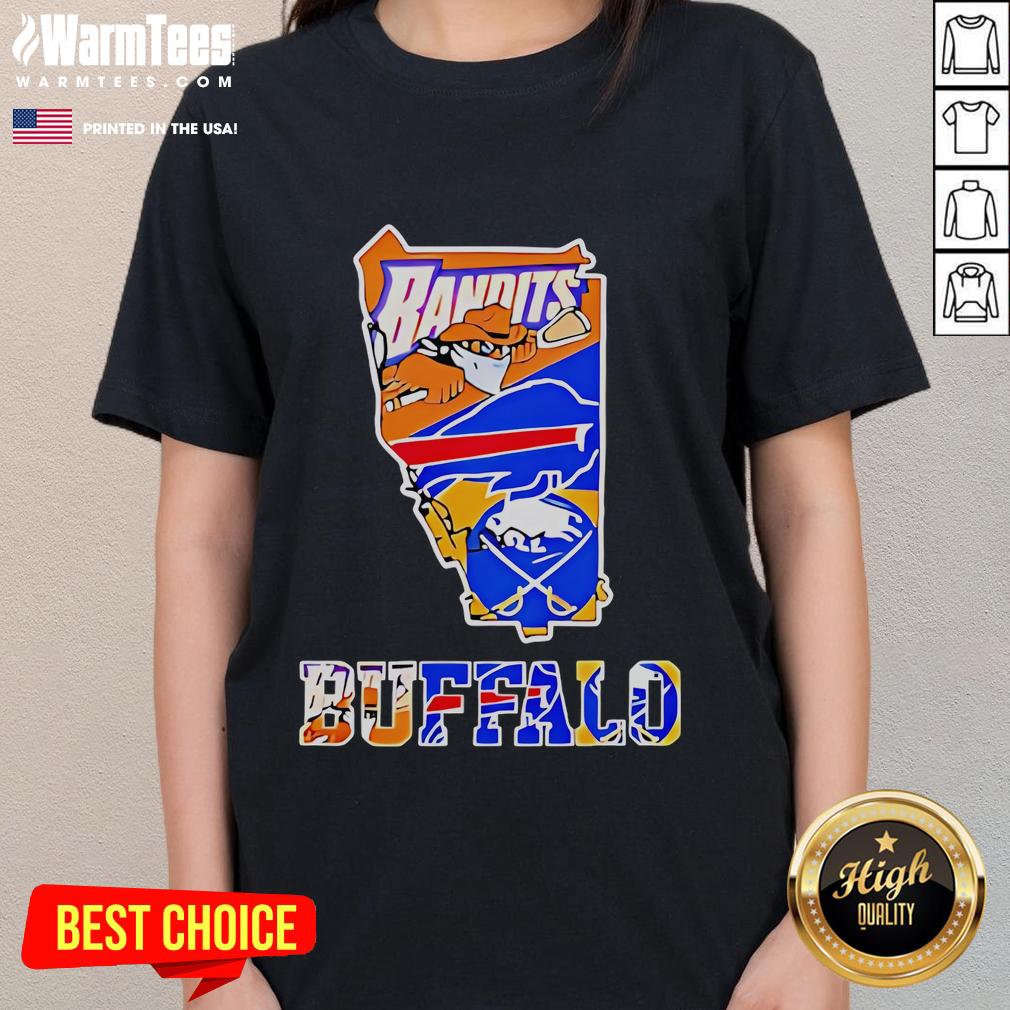 Nice Bandits Buffalo Sports Team Crossover Logo Graphic Orange Blue State Outline Ladies-Tee Alt Text: Nice Bandits Buffalo Sports Team crossover logo graphic in orange and blue state outline on ladies tee.