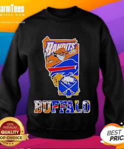 Alt Text: Nice Bandits Buffalo Sports Team crossover logo graphic on an orange and blue state outline sweatshirt.