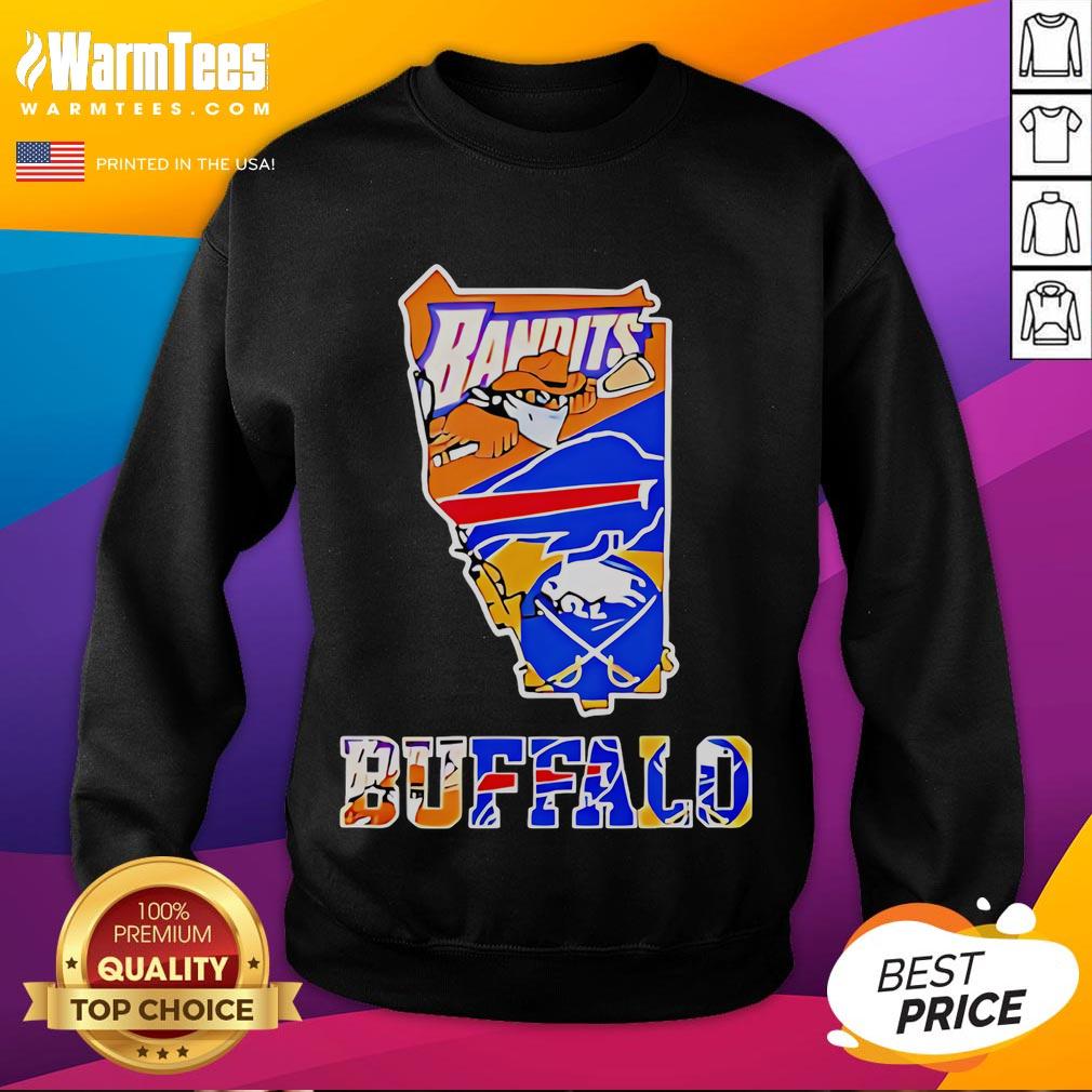 Nice Bandits Buffalo Sports Team Crossover Logo Graphic Orange Blue State Outline Sweatshirt Alt Text: Nice Bandits Buffalo Sports Team crossover logo graphic on an orange and blue state outline sweatshirt.