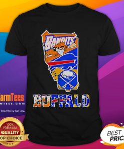 Nice Bandits Buffalo sports team crossover logo graphic t-shirt in orange and blue with state outline design.