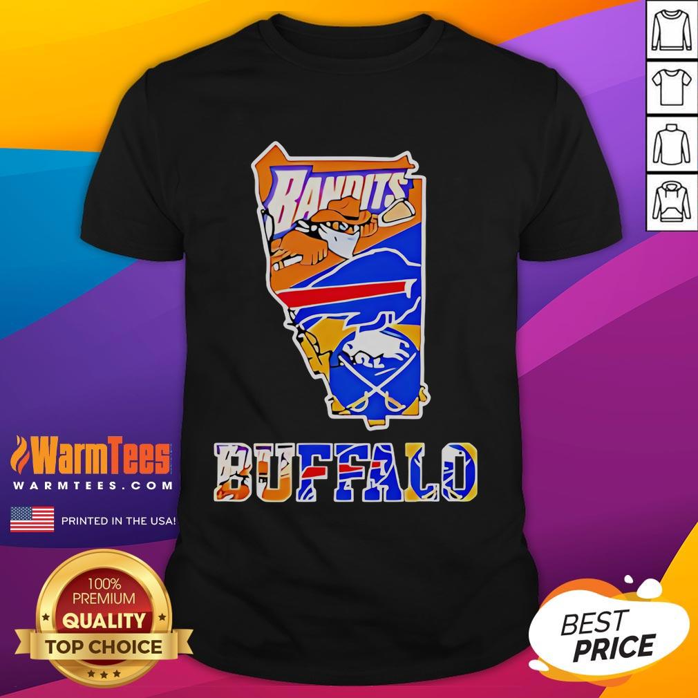Nice Bandits Buffalo Sports Team Crossover Logo Graphic Orange Blue State Outline T-Shirt Nice Bandits Buffalo sports team crossover logo graphic t-shirt in orange and blue with state outline design.