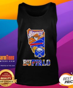 Alt Text: Nice Bandits Buffalo sports team crossover logo graphic on orange and blue state outline tank top.