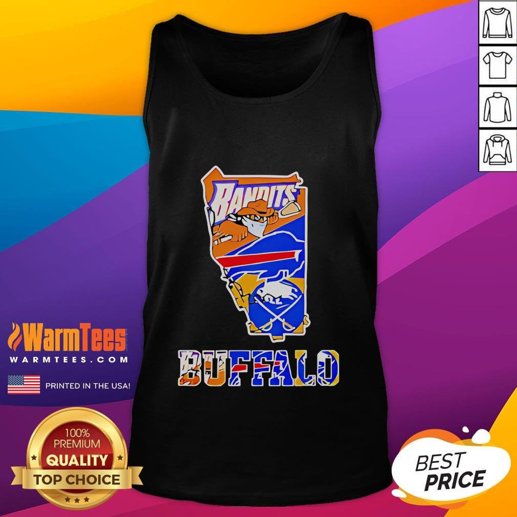 Nice Bandits Buffalo Sports Team Crossover Logo Graphic Orange Blue State Outline Tank Top Alt Text: Nice Bandits Buffalo sports team crossover logo graphic on orange and blue state outline tank top.