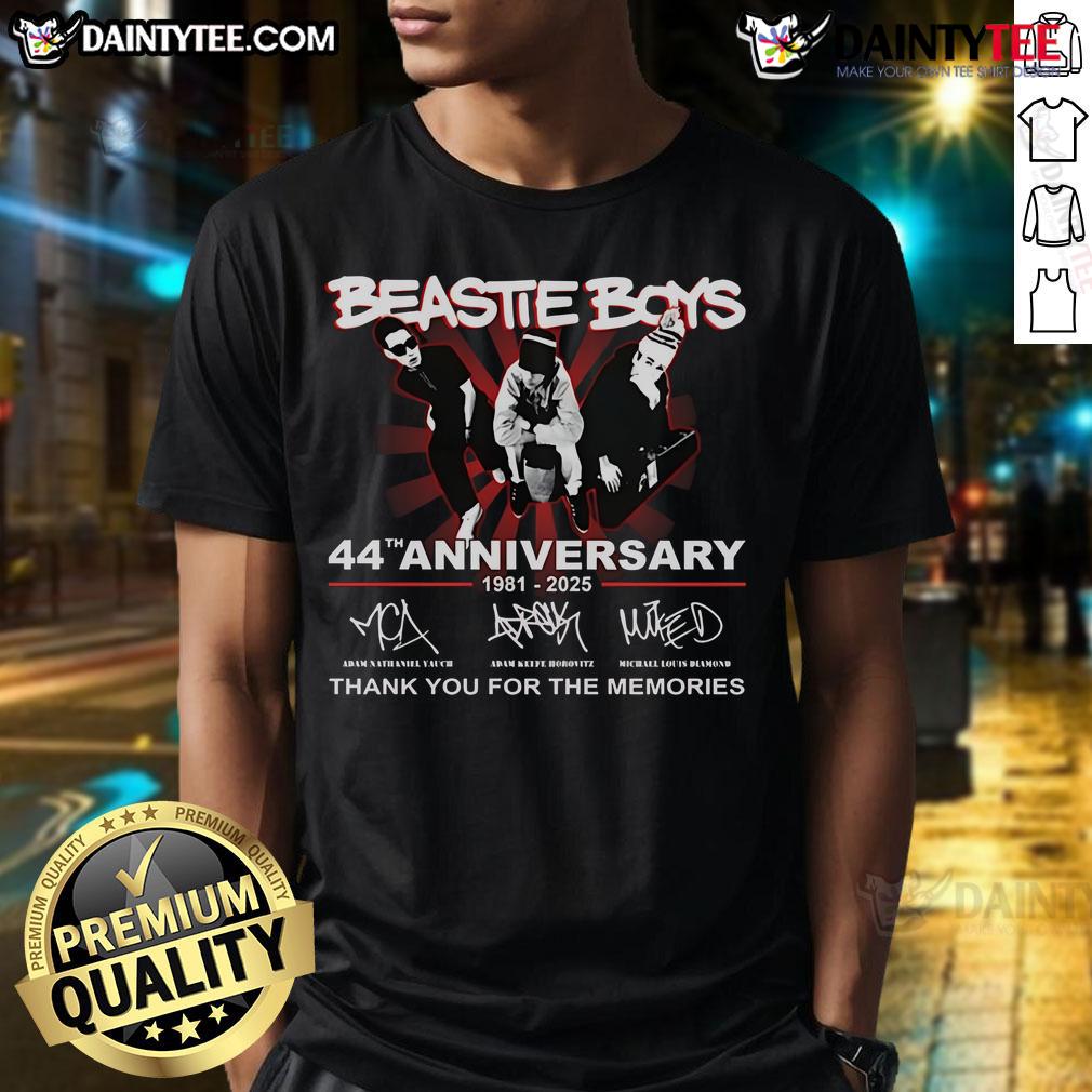 Nice Beastie Boys 44Th Anniversary 1981 2025 Signatures T Shirt Alt Text: Nice Beastie Boys 44th Anniversary 1981-2025 signatures t-shirt featuring iconic band members' autographs.