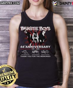 Nice Beastie Boys 44th Anniversary 1981-2025 signatures tank top featuring iconic band artwork and fan signatures.