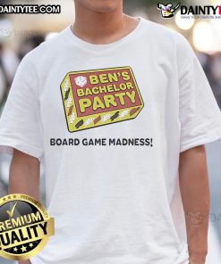 Nice Ben's Bachelor Party Board Game Madness T-Shirt featuring fun game graphics for a memorable celebration.