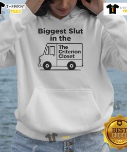 Stylish 'Nice Biggest Slut in the Criterion Closet' hoodie displayed on a hanger, perfect for trendy casual wear.
