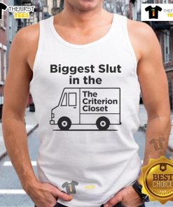 Model wearing a stylish tank top from 'Nice Biggest Slut in the Criterion Closet' collection, showcasing trendy fashion.