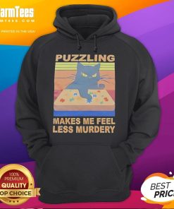 Alt Text: Cozy hoodie featuring a nice black cat design with the phrase Puzzling Makes Me Feel Less Murdery. Perfect for cat lovers!