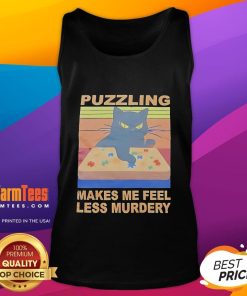 Cute black cat puzzling on a tank top that says Makes Me Feel Less Murdery, perfect for cat lovers and humor enthusiasts.