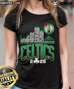 Ladies tee featuring the Boston Celtics 2025 skyline design, perfect for fans and stylish sportswear.