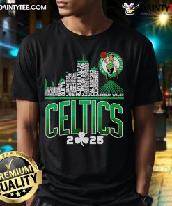 Alt Text: Boston Celtics 2025 Skyline Name T-Shirt featuring a stylish design with the team's logo against a city skyline.