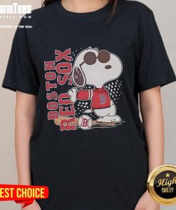 Boston Red Sox and Snoopy design on a cool ladies baseball tee, perfect for fans and stylish casual wear.