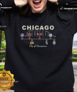 Nice Chicago Sports History City of Champions sweatshirt featuring iconic Chicago sports team logos and vibrant design.