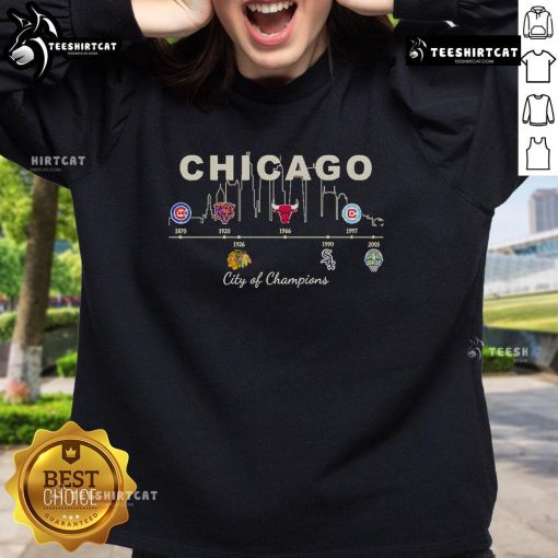 Nice Chicago Sports History City of Champions sweatshirt featuring iconic Chicago sports team logos and vibrant design.