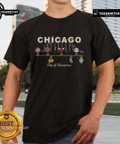 Nice Chicago Sports History City Of Champions T-Shirt featuring iconic Chicago sports team logos and vibrant colors.
