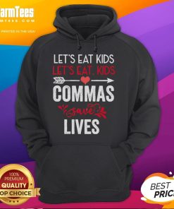 Funny grammar hoodie featuring 'Nice, Commas Save Lives' slogan, perfect for grammar enthusiasts and humor lovers.