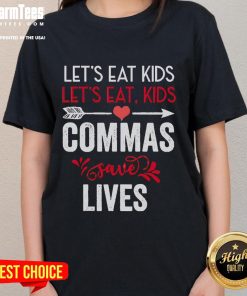 Funny grammar tee featuring 'Nice, commas save lives' design, perfect for grammar enthusiasts and casual wear.