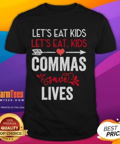 Funny grammar t-shirt featuring the phrase 'Nice Commas Save Lives' highlighting the importance of punctuation.