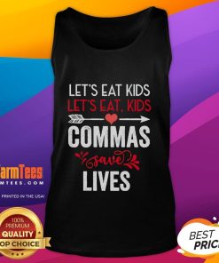 Funny grammar tank top featuring 'Nice commas save lives' slogan, perfect for grammar enthusiasts and casual wear.
