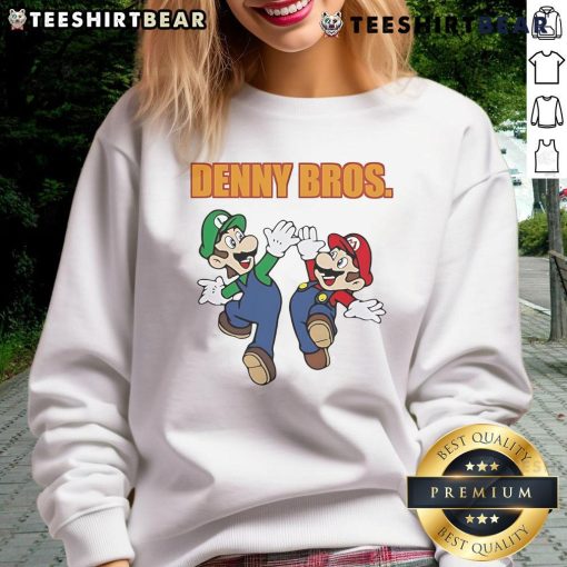 Nice Denny Bros Mario and Luigi 11 sweatshirt featuring colorful graphics of iconic video game characters.