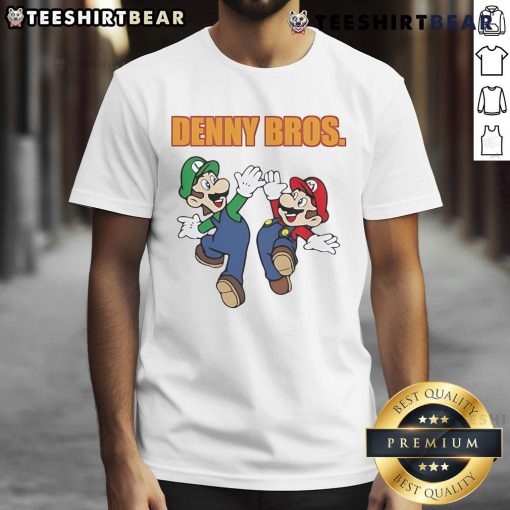 Alt Text: Nice Denny Bros Mario And Luigi 11 T-Shirt featuring vibrant graphics of Mario and Luigi, perfect for gaming fans.