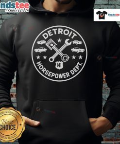 Nice Detroit Horsepower Department M1 Woodward hoodie displayed on a mannequin, showcasing stylish automotive apparel.