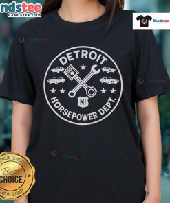 Nice Detroit Horsepower Department M1 Woodward Ladies Tee featuring a stylish design for car enthusiasts.