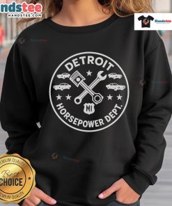 Alt Text: Nice Detroit Horsepower Department M1 Woodward sweatshirt displayed on a hanger, showcasing automotive-themed design.