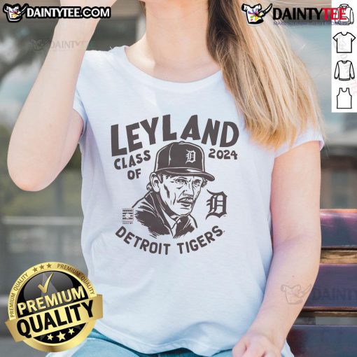 Ladies tee featuring Jim Leyland and Detroit Tigers Class of 2024 design, perfect for baseball fans and collectors.